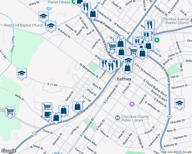map of restaurants, bars, coffee shops, grocery stores, and more near 211 West Montgomery Street in Gaffney