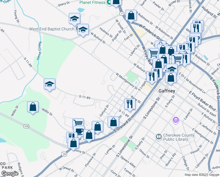 map of restaurants, bars, coffee shops, grocery stores, and more near 508 South Oliver Street in Gaffney