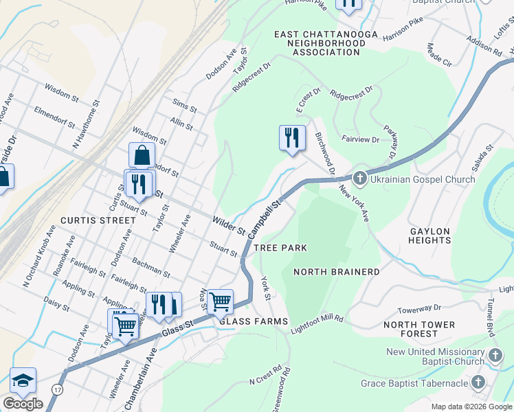 map of restaurants, bars, coffee shops, grocery stores, and more near 3110 Noah Street in Chattanooga