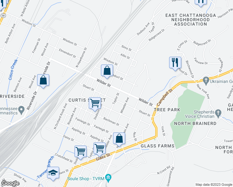 map of restaurants, bars, coffee shops, grocery stores, and more near 2915 Taylor Street in Chattanooga