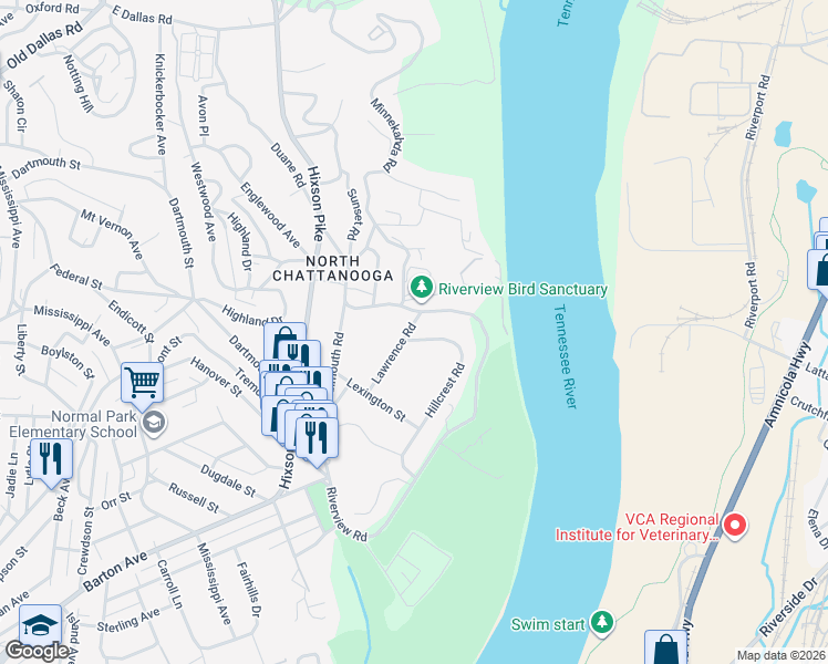 map of restaurants, bars, coffee shops, grocery stores, and more near 1624 Hillcrest Road in Chattanooga