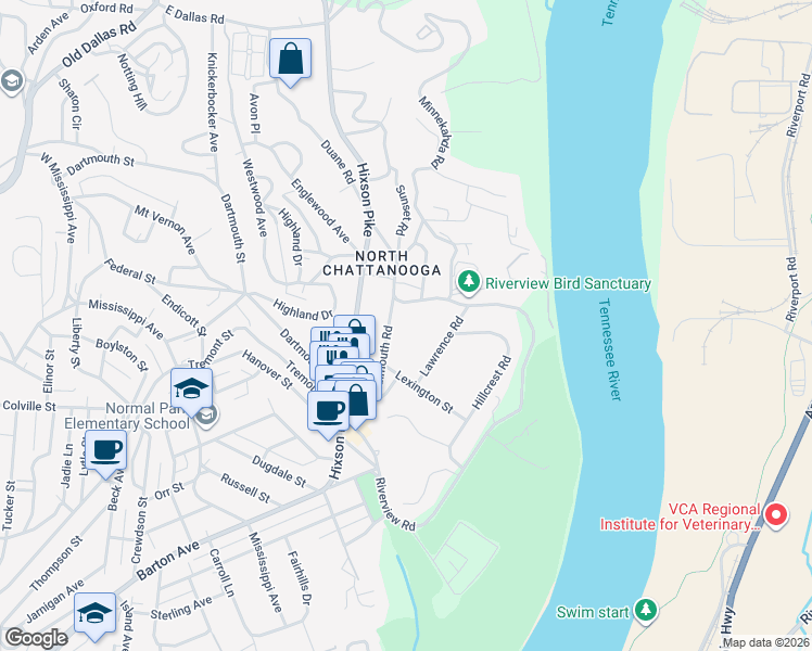 map of restaurants, bars, coffee shops, grocery stores, and more near 1342 Falmouth Road in Chattanooga