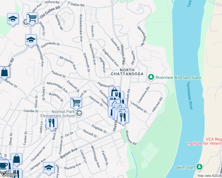 map of restaurants, bars, coffee shops, grocery stores, and more near 1139 Dartmouth Street in Chattanooga
