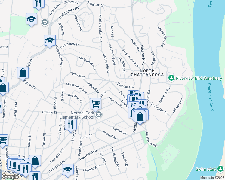 map of restaurants, bars, coffee shops, grocery stores, and more near 1101 Hanover Street in Chattanooga