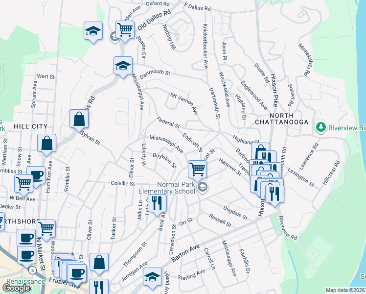map of restaurants, bars, coffee shops, grocery stores, and more near 819 Mississippi Avenue in Chattanooga