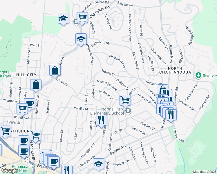 map of restaurants, bars, coffee shops, grocery stores, and more near 1012 Albany Street in Chattanooga