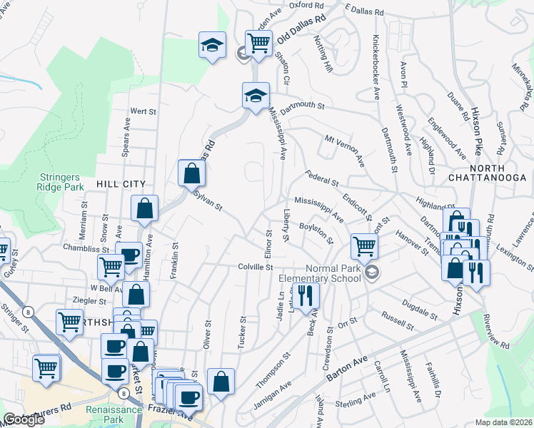 map of restaurants, bars, coffee shops, grocery stores, and more near 728 Elinor Street in Chattanooga