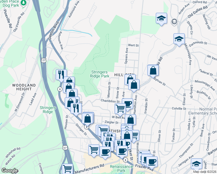 map of restaurants, bars, coffee shops, grocery stores, and more near 713 Merriam Street in Chattanooga