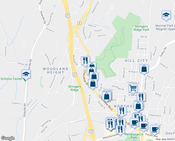 map of restaurants, bars, coffee shops, grocery stores, and more near 729 Overbridge Lane in Chattanooga
