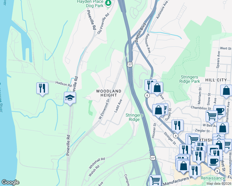 map of restaurants, bars, coffee shops, grocery stores, and more near 709 Ladd Avenue in Chattanooga