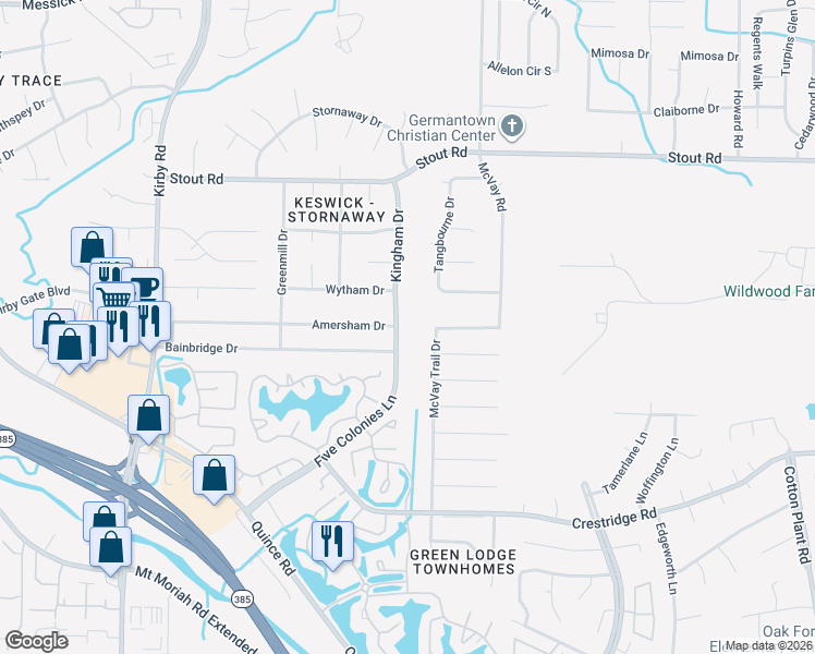 map of restaurants, bars, coffee shops, grocery stores, and more near 2835 McVay Road in Memphis