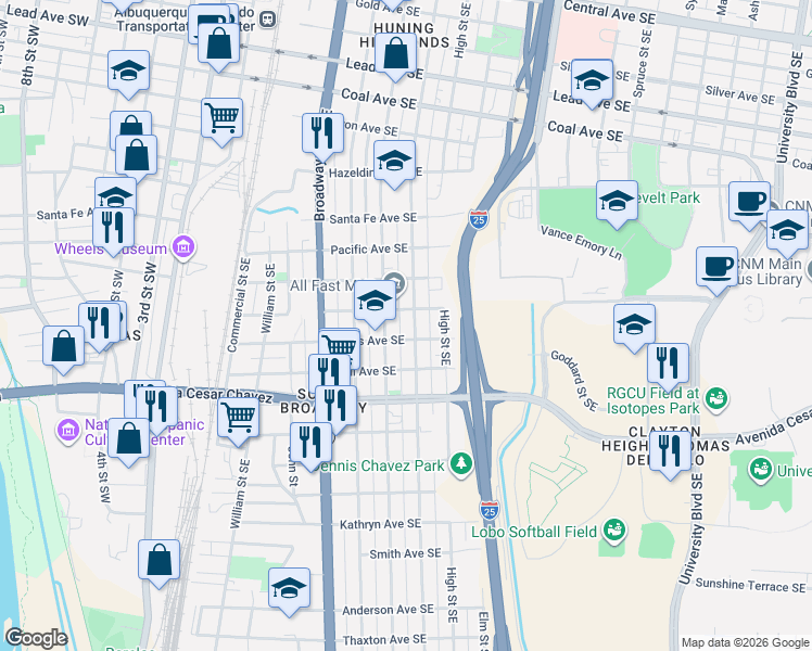 map of restaurants, bars, coffee shops, grocery stores, and more near 620 Lewis Avenue Southeast in Albuquerque