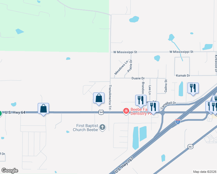 map of restaurants, bars, coffee shops, grocery stores, and more near 123 Dugger Road in Beebe