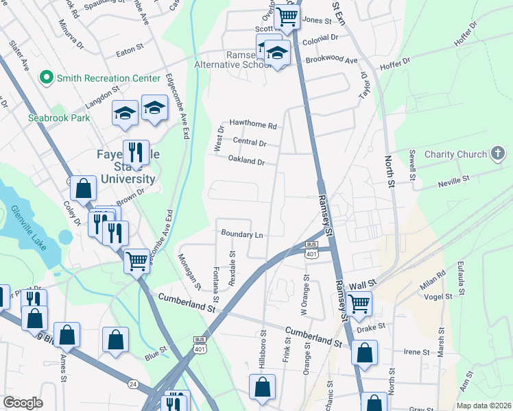 map of restaurants, bars, coffee shops, grocery stores, and more near 508 Donovan Street in Fayetteville