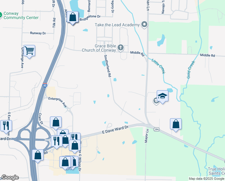 map of restaurants, bars, coffee shops, grocery stores, and more near 98 Southerland Road in Conway