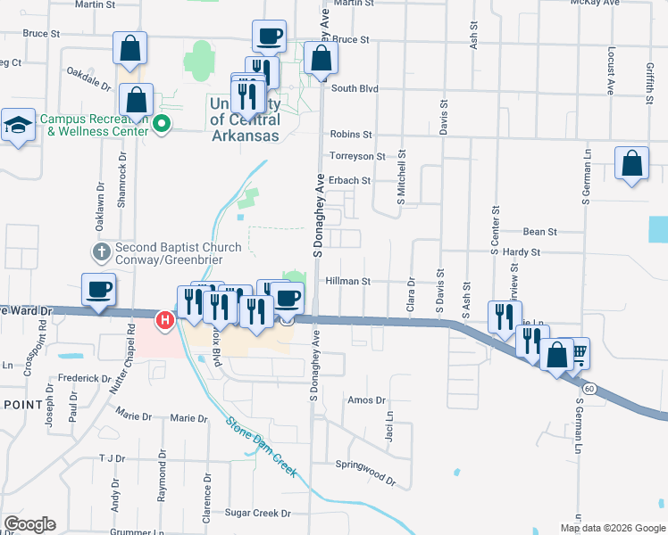 map of restaurants, bars, coffee shops, grocery stores, and more near 702 South Donaghey Avenue in Conway