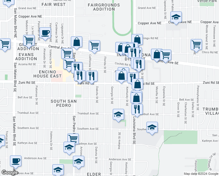 map of restaurants, bars, coffee shops, grocery stores, and more near 417 Georgia Street Southeast in Albuquerque