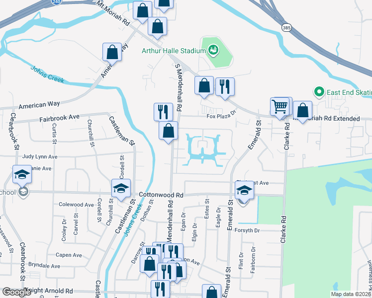 map of restaurants, bars, coffee shops, grocery stores, and more near Meadowlake Drive West in Memphis