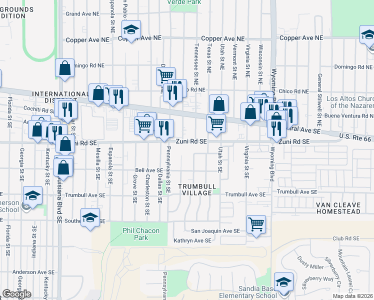 map of restaurants, bars, coffee shops, grocery stores, and more near 309 Rhode Island Street Southeast in Albuquerque
