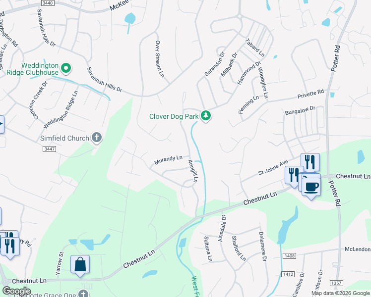 map of restaurants, bars, coffee shops, grocery stores, and more near 1009 Murandy Lane in Matthews