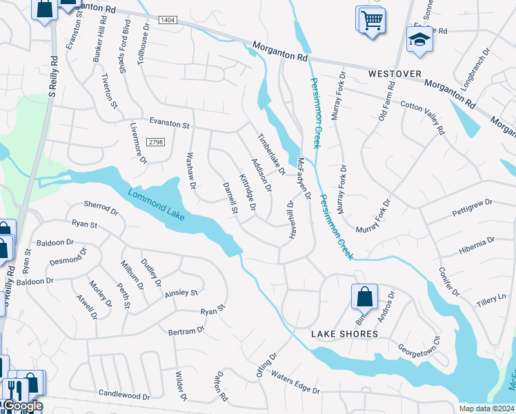 map of restaurants, bars, coffee shops, grocery stores, and more near 7016 Kittridge Drive in Fayetteville