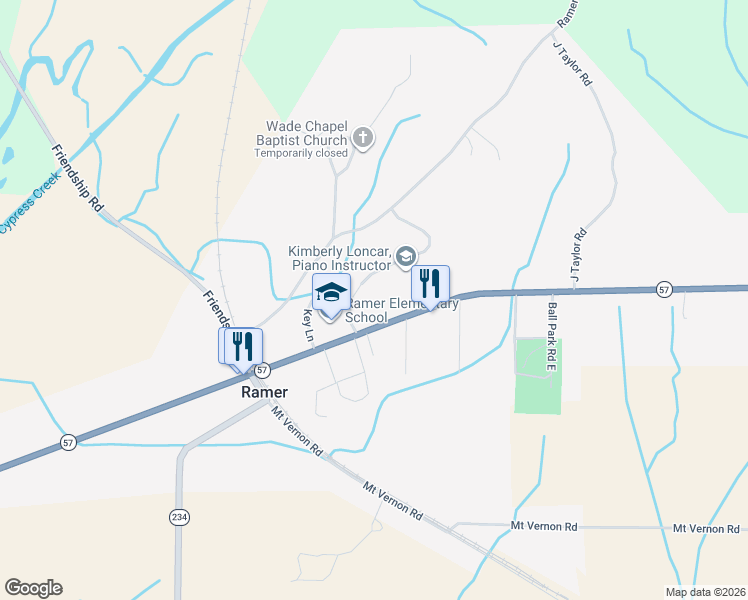 map of restaurants, bars, coffee shops, grocery stores, and more near 4134 Tennessee 57 in Ramer