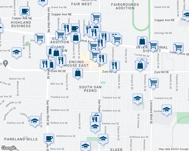 map of restaurants, bars, coffee shops, grocery stores, and more near 512 Cagua Drive Southeast in Albuquerque