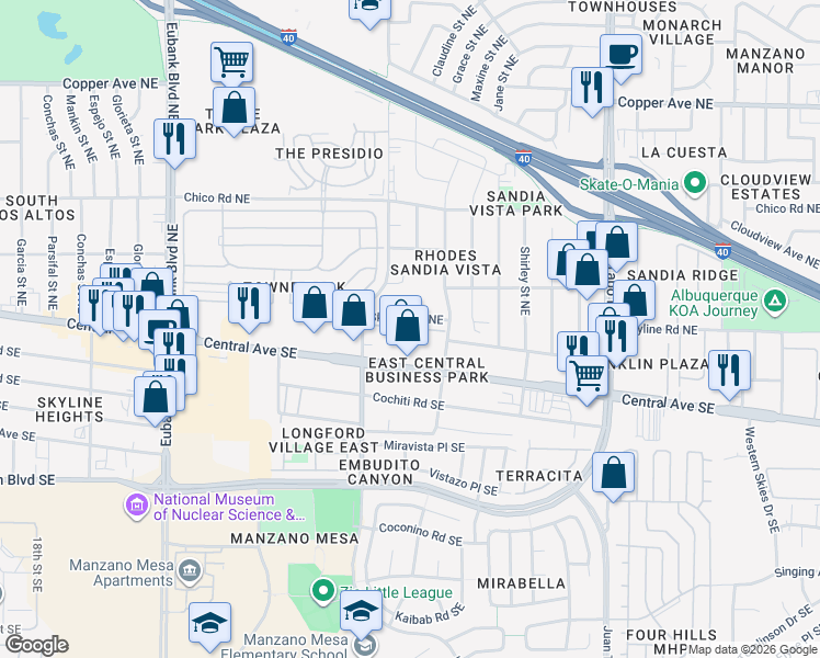 map of restaurants, bars, coffee shops, grocery stores, and more near 11037 Central Avenue Northeast in Albuquerque