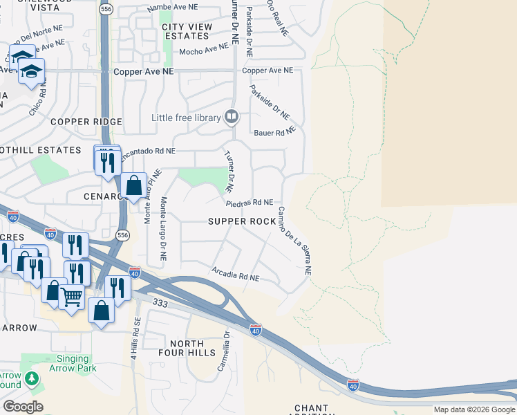 map of restaurants, bars, coffee shops, grocery stores, and more near 14307 Skyline Road Northeast in Albuquerque