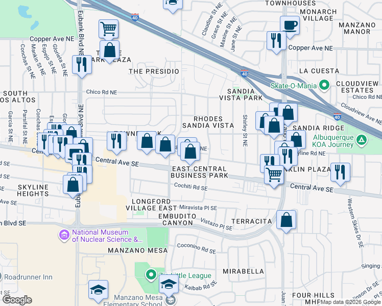 map of restaurants, bars, coffee shops, grocery stores, and more near 11037 Central Avenue Northeast in Albuquerque