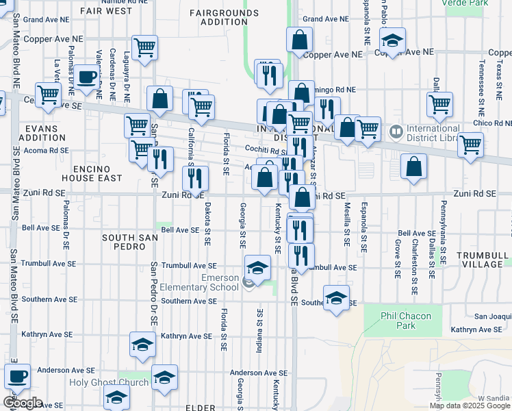 map of restaurants, bars, coffee shops, grocery stores, and more near 426 Indiana Street Southeast in Albuquerque