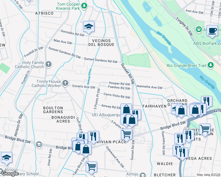 map of restaurants, bars, coffee shops, grocery stores, and more near 1576 Cerro Vista Road Southwest in Albuquerque