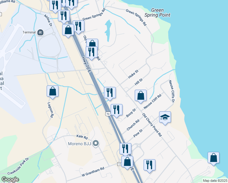 map of restaurants, bars, coffee shops, grocery stores, and more near 1702 U.S. 70 in New Bern