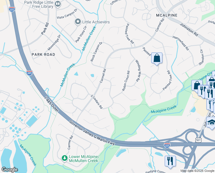 map of restaurants, bars, coffee shops, grocery stores, and more near 11306 5 Cedars Road in Charlotte