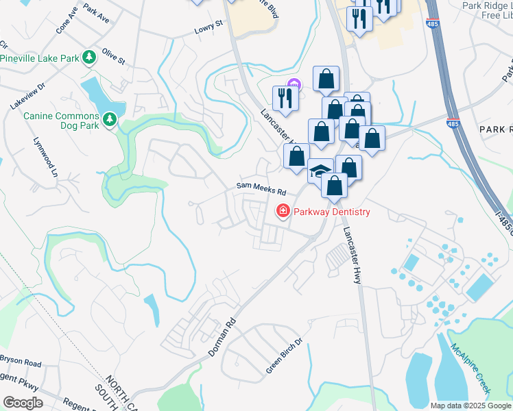 map of restaurants, bars, coffee shops, grocery stores, and more near 10170 Enniscrone Road in Pineville