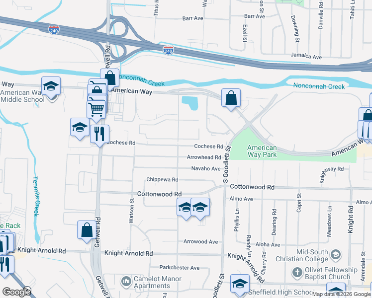 map of restaurants, bars, coffee shops, grocery stores, and more near 4159 Arrowhead Road in Memphis