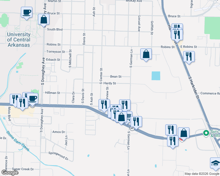 map of restaurants, bars, coffee shops, grocery stores, and more near 714 Fairview Street in Conway