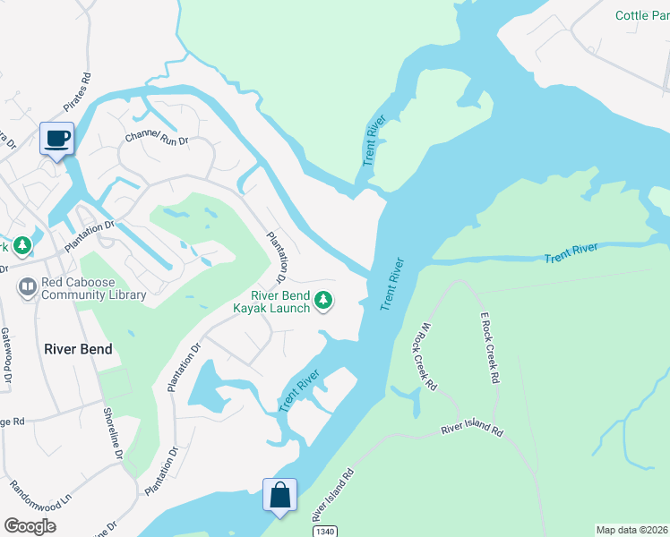 map of restaurants, bars, coffee shops, grocery stores, and more near 100-298 Gull Pointe in New Bern