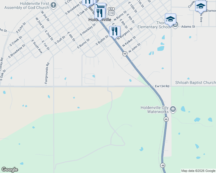 map of restaurants, bars, coffee shops, grocery stores, and more near 101 Gardenwood Drive in Holdenville
