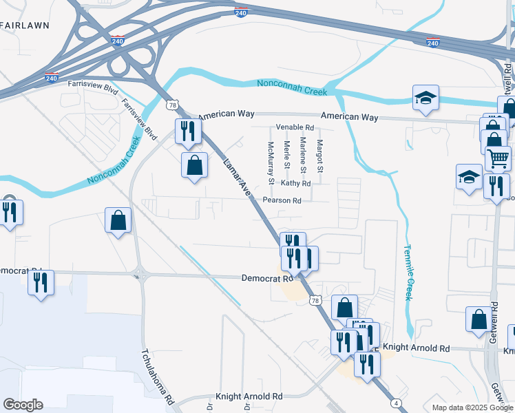map of restaurants, bars, coffee shops, grocery stores, and more near 3497 Highway 4 in Memphis