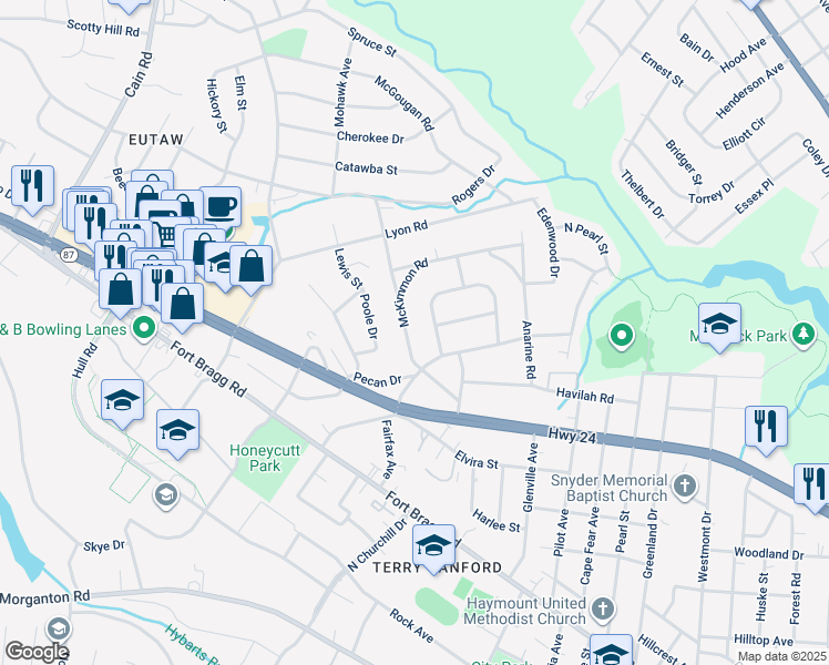 map of restaurants, bars, coffee shops, grocery stores, and more near 914 McKimmon Road in Fayetteville