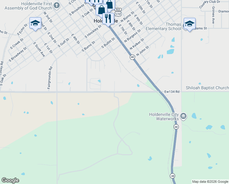 map of restaurants, bars, coffee shops, grocery stores, and more near 101 Gardenwood Drive in Holdenville