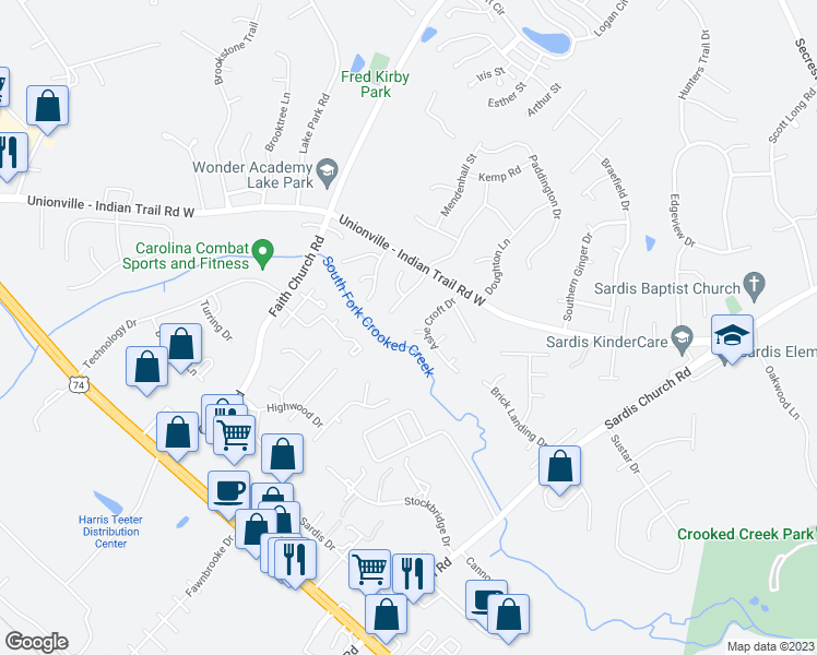 map of restaurants, bars, coffee shops, grocery stores, and more near 4104 Woodcreek Court in Indian Trail