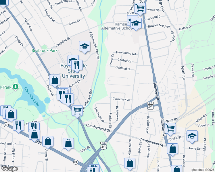 map of restaurants, bars, coffee shops, grocery stores, and more near 237 South Windsor Drive in Fayetteville