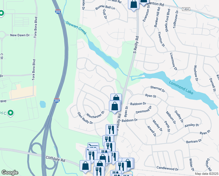 map of restaurants, bars, coffee shops, grocery stores, and more near 6965 Melbourne Drive in Fayetteville