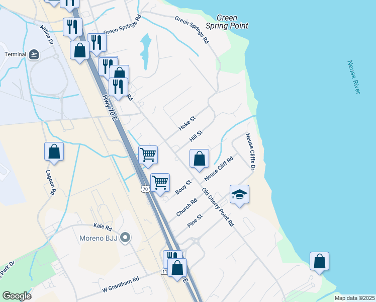 map of restaurants, bars, coffee shops, grocery stores, and more near 321 Hill Street in New Bern
