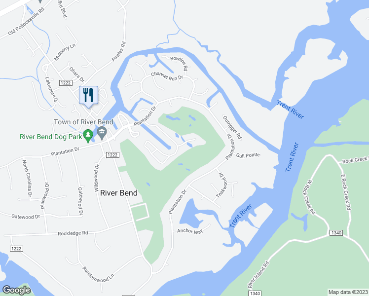 map of restaurants, bars, coffee shops, grocery stores, and more near 127 Quarterdeck Townhouses in New Bern