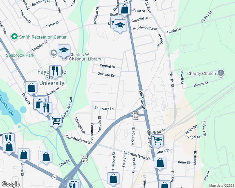 map of restaurants, bars, coffee shops, grocery stores, and more near 1000 Hillsboro Street in Fayetteville