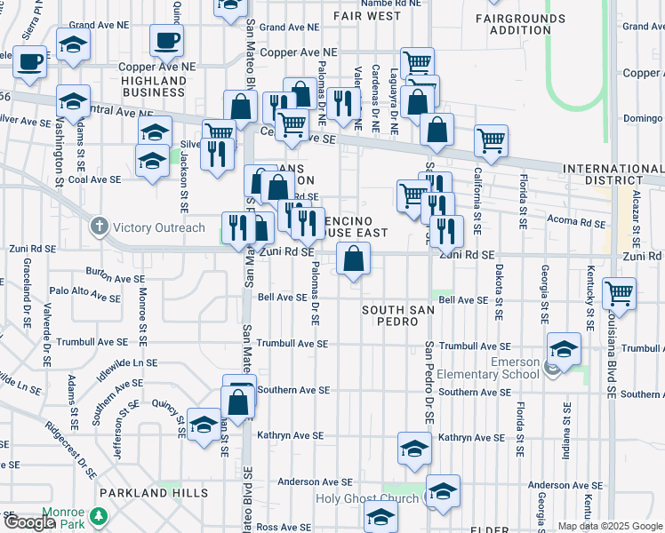 map of restaurants, bars, coffee shops, grocery stores, and more near 509 Alvarado Drive Southeast in Albuquerque