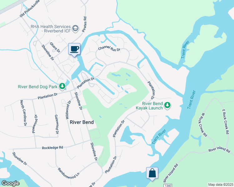 map of restaurants, bars, coffee shops, grocery stores, and more near 104 Quarterdeck Townes in New Bern